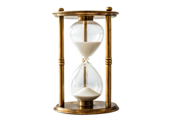 A close up shot of a brass hourglass with white sand against a black background in a studio setting