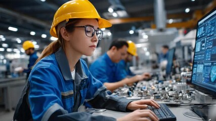 Precision and Technology: A dedicated technician, adorned in a hardhat, engrossed in the intricacies of industrial processes using advanced technological tools.