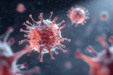 Obraz premium Microscopic red particles with spike proteins detailed against a dark background representing cellular level threats