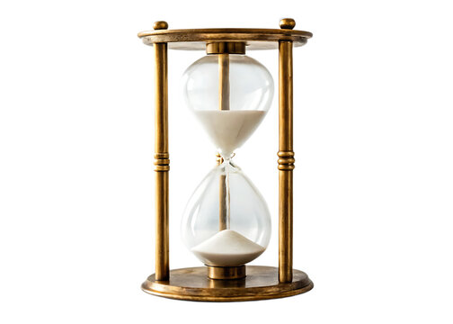A close up shot of a brass hourglass with white sand against a black background in a studio setting