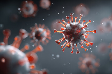 A detailed microscopic view of red spiky virus particles floating in a dark environment with blurred background elements