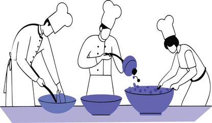 Three Professional Chefs Collaborating Intensely on Preparing Gourmet Dishes in Busy Kitchen