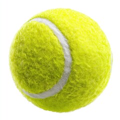 Close-up of a fuzzy, bright yellow tennis ball with a white curved seam