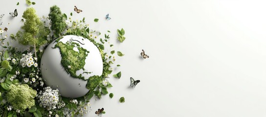 Earth globe covered in greenery, surrounded by leaves, flowers, and butterflies