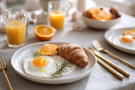 Breakfast table setting featuring golden croissants, sunny-side-up eggs, fresh oranges, and orange juice in elegant glassware, creating a warm and inviting morning atmosphere - Powered by Adobe