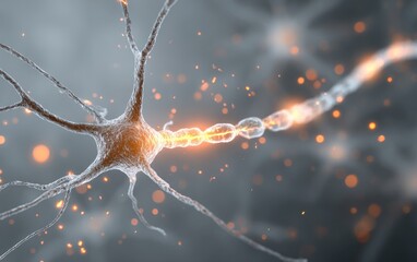 Neuron with vibrant orange electrical signals firing through axon and dendrites