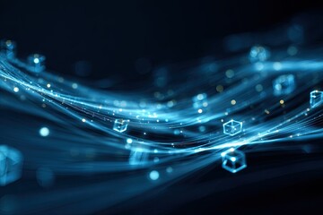Abstract blue digital illustration featuring flowing light trails, glowing cubes, and bokeh