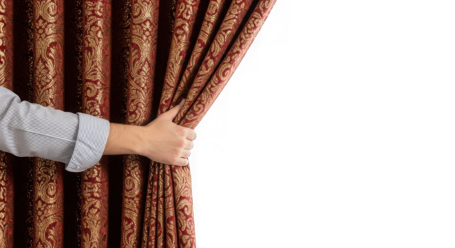 Hand pulling rich red and gold curtain revealing stage space isolated on transparent background