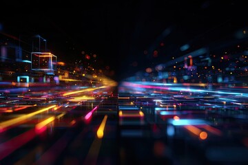 Futuristic abstract composition showcasing digital data flow and connections in bright neon hues