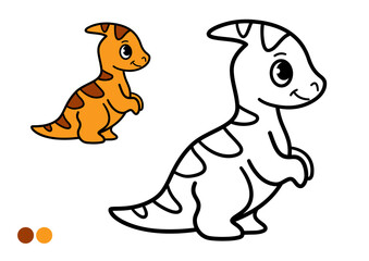 Cute cartoon dinosaur childrens coloring book page with color example. Simple and easy outline drawing dinosaur for young kids.