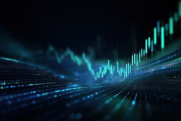 Abstract financial data visualization, showcasing an upward trend with green bars on a dark background