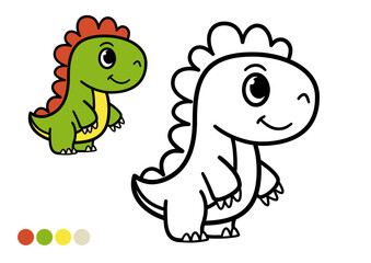 Cute cartoon dinosaur childrens coloring book page. Funny green dinosaur with plates on back.
