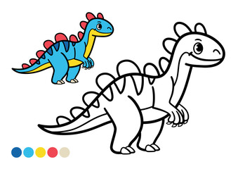 Cute cartoon dinosaur childrens coloring book page. Funny dinosaur with plates on back in black and white outline.