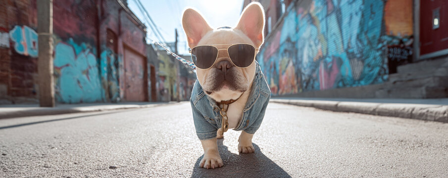 Cool canine strutting down a city street, wearing sunglasses and denim. Playful pet photography suitable for humor, fashion, urban life and animal content. - Powered by Adobe