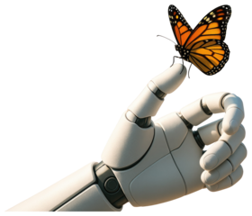 White robotic finger delicately touching a monarch butterfly with spread wings on a transparent background isolated on a transparent background