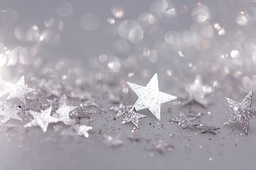 Glittery stars and bokeh lights against a silver, shiny background