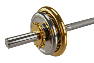 Luxurious gold and silver dumbbell with intricate engravings isolated on transparent background