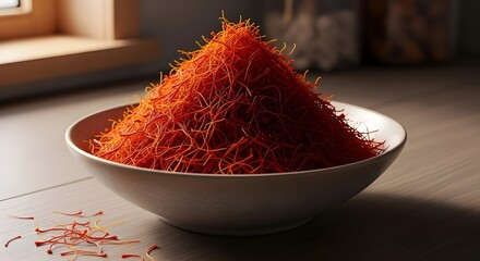 A beautiful photo showing heap of saffron threads in ceramic bowl with natural light
