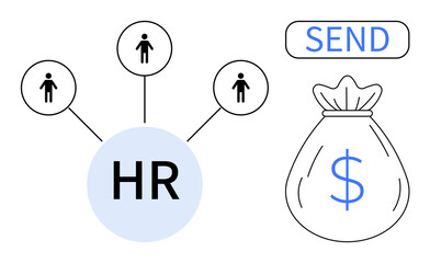 HR circle linking to employees, money bag with dollar sign, and send button. Ideal for HR, recruitment, payroll, salary, team management, finance workforce administration simple flat metaphor