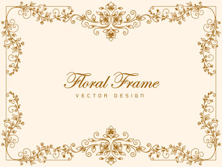Elegant golden floral frame with intricate scrollwork on a cream background, featuring decorative botanical elements and classic ornamental design.