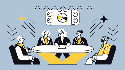 Modern stylized illustration of five diverse professionals collaborating in a bright contemporary boardroom with clean lines and abstract elements suitable for business and corporate themes
