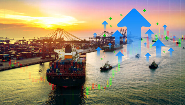 Global logistics and shipping industry at port, combined with stock market chart and rising arrows symbolizing economic growth. Concept of global trade, transportation, and financial market trends.