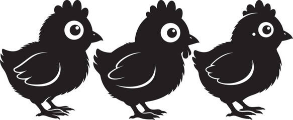 Naklejka premium Three adorable cartoon baby chickens standing together silhouette