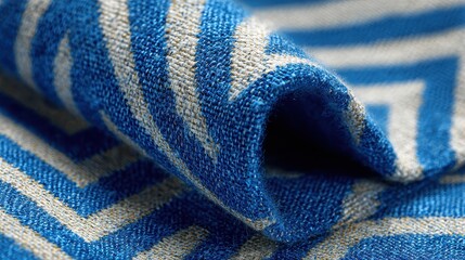 Blue and white patterned fabric, with a distinct geometric design. Good for backgrounds, textures, or visual elements.