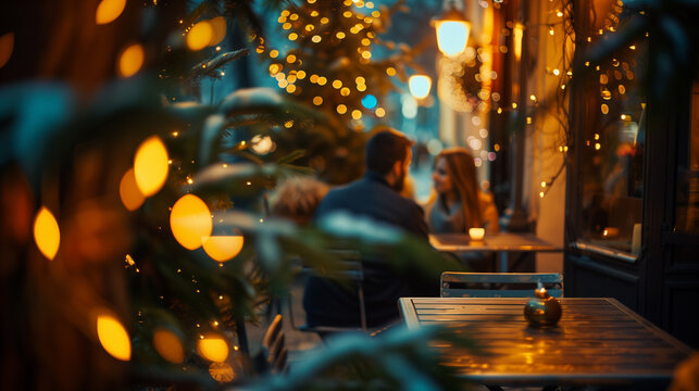Romantic evening scene featuring a couple enjoying drinks at a cozy outdoor cafe, surrounded by glowing fairy lights, creating an intimate atmosphere for connection. Valentine's Day concept