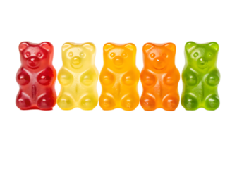 Close up of five gummy bears in a row with red yellow orange and green colors on a black background