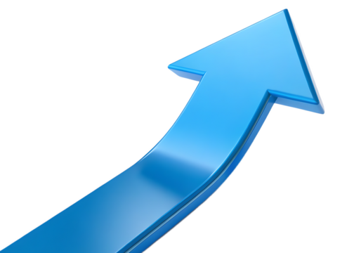 A close up of a shiny blue arrow pointing upwards against a black background in a studio shot - Powered by Adobe