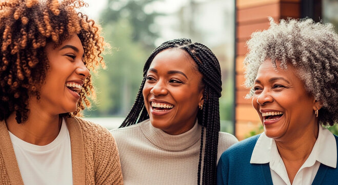 Joyful family bonding session featuring three generations of beautiful African American women laughing together outdoors in a lifestyle setting