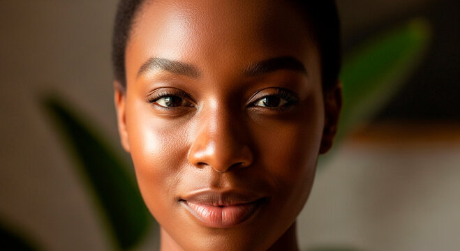 Stunning close up portrait of a confident African American woman radiating natural beauty and elegance, ideal for skincare, beauty, and wellness campaigns