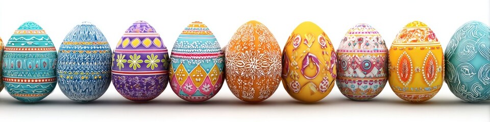 A row of ten colorful, patterned Easter eggs against a bright white background