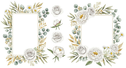 Elegant floral frames adorned with white roses and eucalyptus leaves for beautiful wedding invitations or chic greeting cards perfect for special occasions