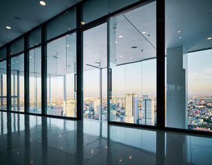 Modern empty office interior with cityscape view through large windows. Represents ambition, innovation, and opportunity. Use for business, real estate, or aspirational themes.