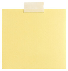 Yellow square sticky note with beige tape attached at the top on a white background paper isolated on a transparent background