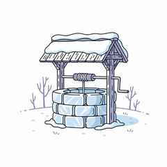 Wooden village well covered in snow during winter season  