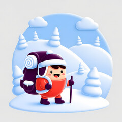 Cartoon hiker with backpack enjoying snowy landscape in winter  