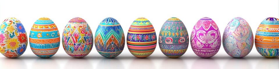 Row of ornate Easter eggs on reflective surface against a white backdrop
