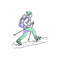 Hiker wearing crampons walking on snowy trail with backpack  