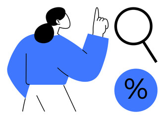 Woman pointing upward, magnifying glass, percentage sign. Ideal for search, analysis, statistics, finance, decision-making exploration business growth. Clean flat metaphor