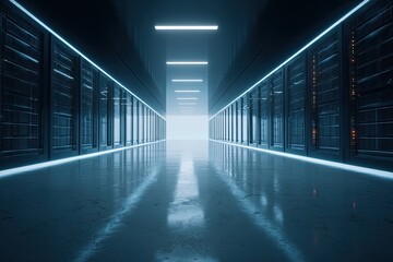 Server room corridor, long, sleek, blue lighting, with racks lining the walls