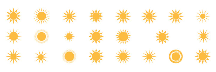 Fototapeta premium Sun icon collection showing yellow suns, sun logos, and sunshine vector signs, suitable for vector graphics, weather symbols, summer designs, and digital illustration