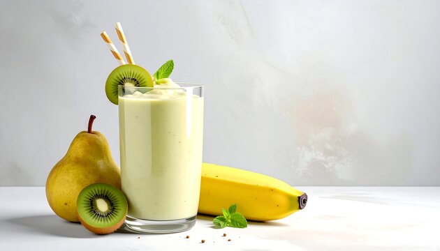 A refreshing, creamy green smoothie in a tall glass, garnished with kiwi and mint, alongside a pear and banana - Powered by Adobe