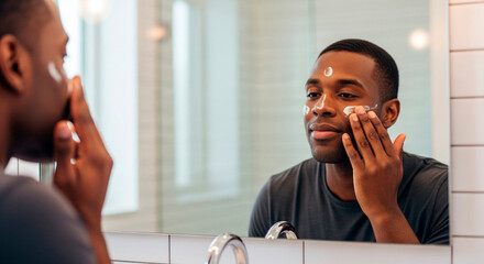 Handsome man confidently applying moisturizing cream to his face in a modern bathroom, showcasing his skincare routine for a healthy, glowing complexion