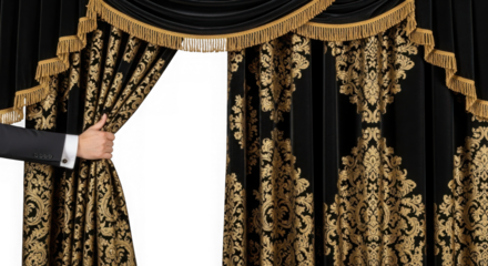 Hand opening elegant black and gold velvet stage curtain for show. isolated on transparent background