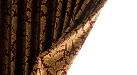 Elegant gold floral pattern on rich burgundy draped fabric textile isolated on transparent background