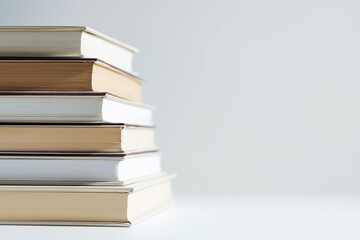 Neat stack of books with spines facing camera on white background, soft even lighting for minimalist aesthetic, ideal for education or reading concept design.