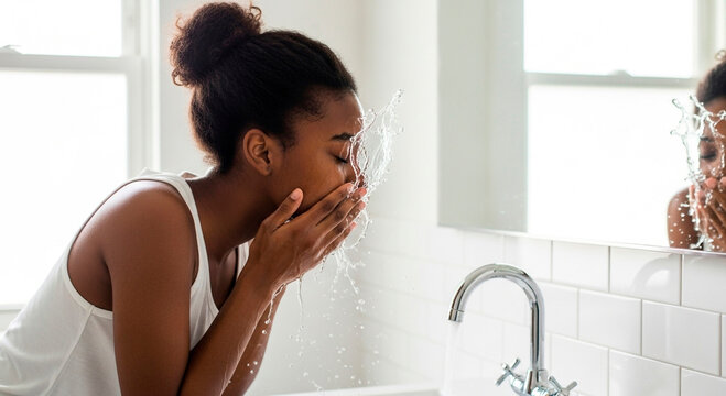Invigorating splash for radiant skin African American woman washing face in bright bathroom, perfect for beauty blogs and skincare ads promoting healthy living